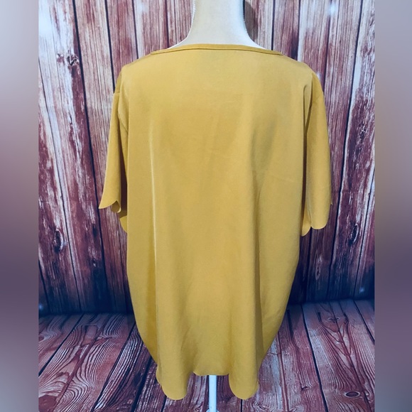 Women’s 3X Blouse Tickled Teal Mustard Short Sleeves U Neck Silky Ruffle Trim - Picture 5 of 12
